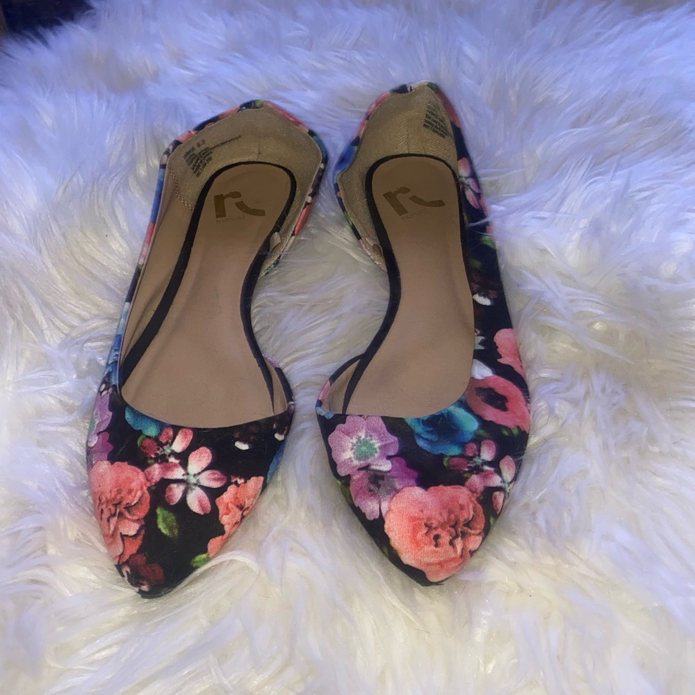 Black and Pink Floral Flats with Pointed Toe